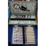 2 cased sets of fish cutlery, dessert set etc