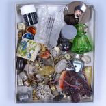 A gilded glass scent flask, costume jewellery, a porcelain portrait plaque, and other interesting