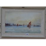 T Hines, watercolour, shipping in harbour, 11" x 18.5", framed