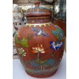 A Chinese enamelled terracotta jar, with designs of Kingfisher and lilies, 12.25"