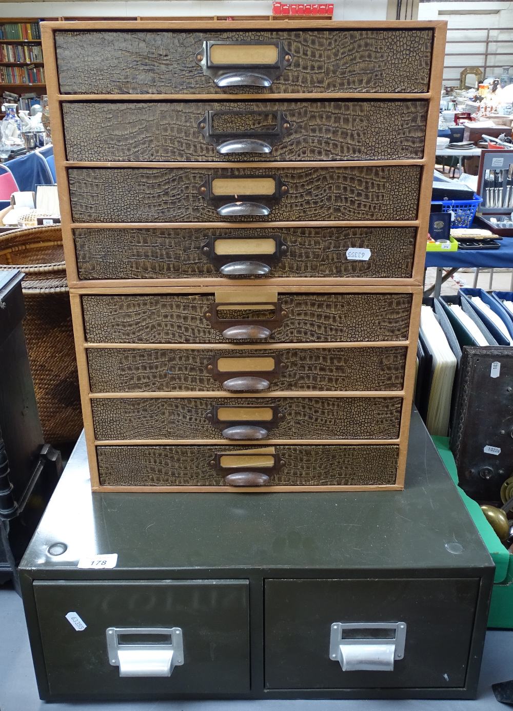 Metal filing drawers, and 2 card index boxes