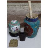 A Chinese ginger jar on carved wood stand, an Eastern vase, and a libation cup