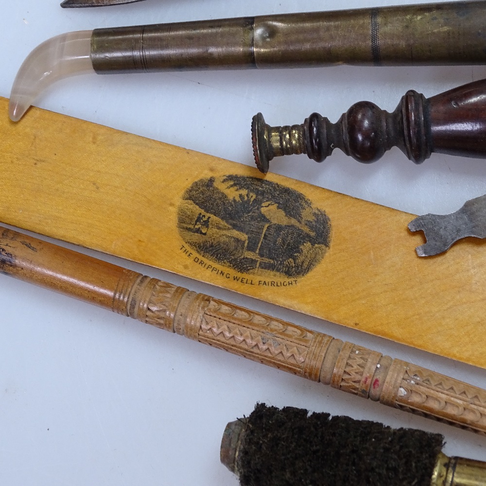 A 19th century gilder's tool with agate tip, corkscrew, bone weighted bell pull, paper knife, shears - Image 2 of 2