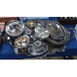 A large silver plated 2-handled tea tray with scalloped edge and engraved decoration, 3-piece plated