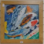 Clive Fredriksson, oil on board, stylised shoal of fish, framed