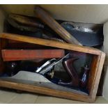 A box of various hand tools, to include boxed Record plane, billhook etc