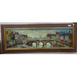 Oil on canvas, extensive river and bridge scene, framed