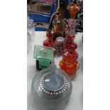 Decanter and tots, flash glass cups on stands, Art Deco vase etc