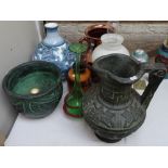 Copper pot, oil lamp, large jug etc