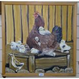 Clive Fredriksson, oil on canvas, study of hen and her chicks, framed