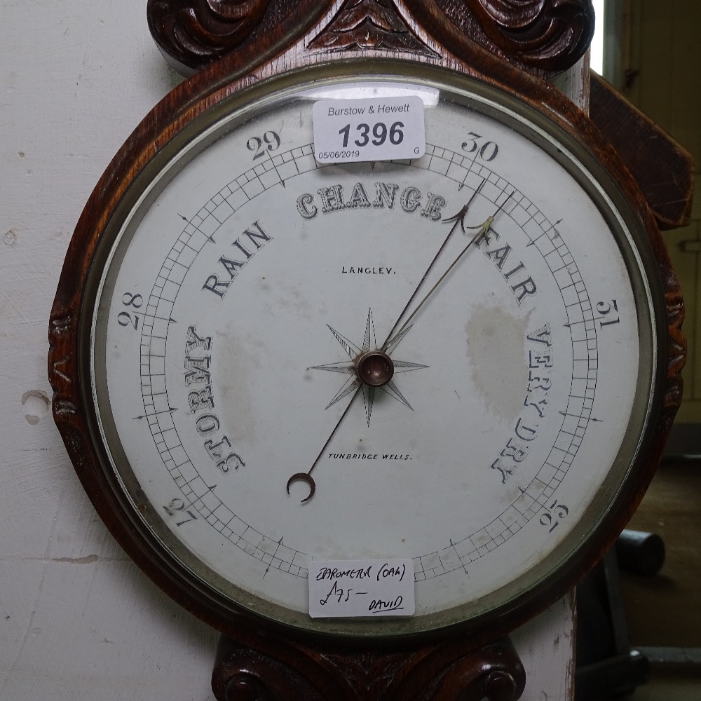 A Victorian carved oak aneroid barometer, by Langley of Tunbridge Wells, L83cm - Image 2 of 2