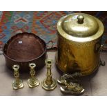 A brass coal bin on paw feet, candlesticks, a copper pan etc