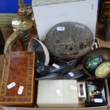 Boxed Chinese stone on stand, a Russian lacquer box, animals etc