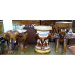 2 hardwood elephant design plant stands, and a glazed ceramic elephant design plant stand, H43cm