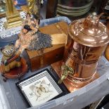 A copper and brass urn on stand, 11.5", a doorstop, a box etc