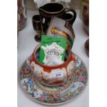 A signed Japanese pot, an Antique Bristol green decanter etc