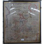 A framed cross-stitch map of England and Wales, height 24.5" overall