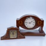 An Edwardian inlaid mantel clock on plinth, length 10", and a smaller marquetry decorated French