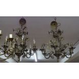 A pair of cast and gilded-metal 6-branch chandeliers