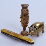 An Antique brass pig, a seal and a pocket knife