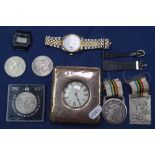 A silver-cased pocket watch, wristwatches, medals etc