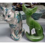 A composition fox, 9", and a painted pottery cat