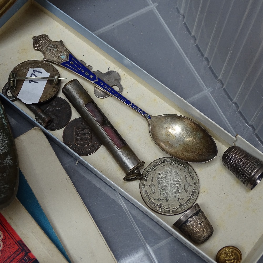 A circular convex mirror, 12.25", a coffee pot, 2 bells, and ephemera - Image 2 of 2