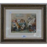 19th century watercolour, at school, signed with monogram GHT, label verso