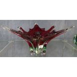 A red and clear Art glass dish of triangular form, 16" across