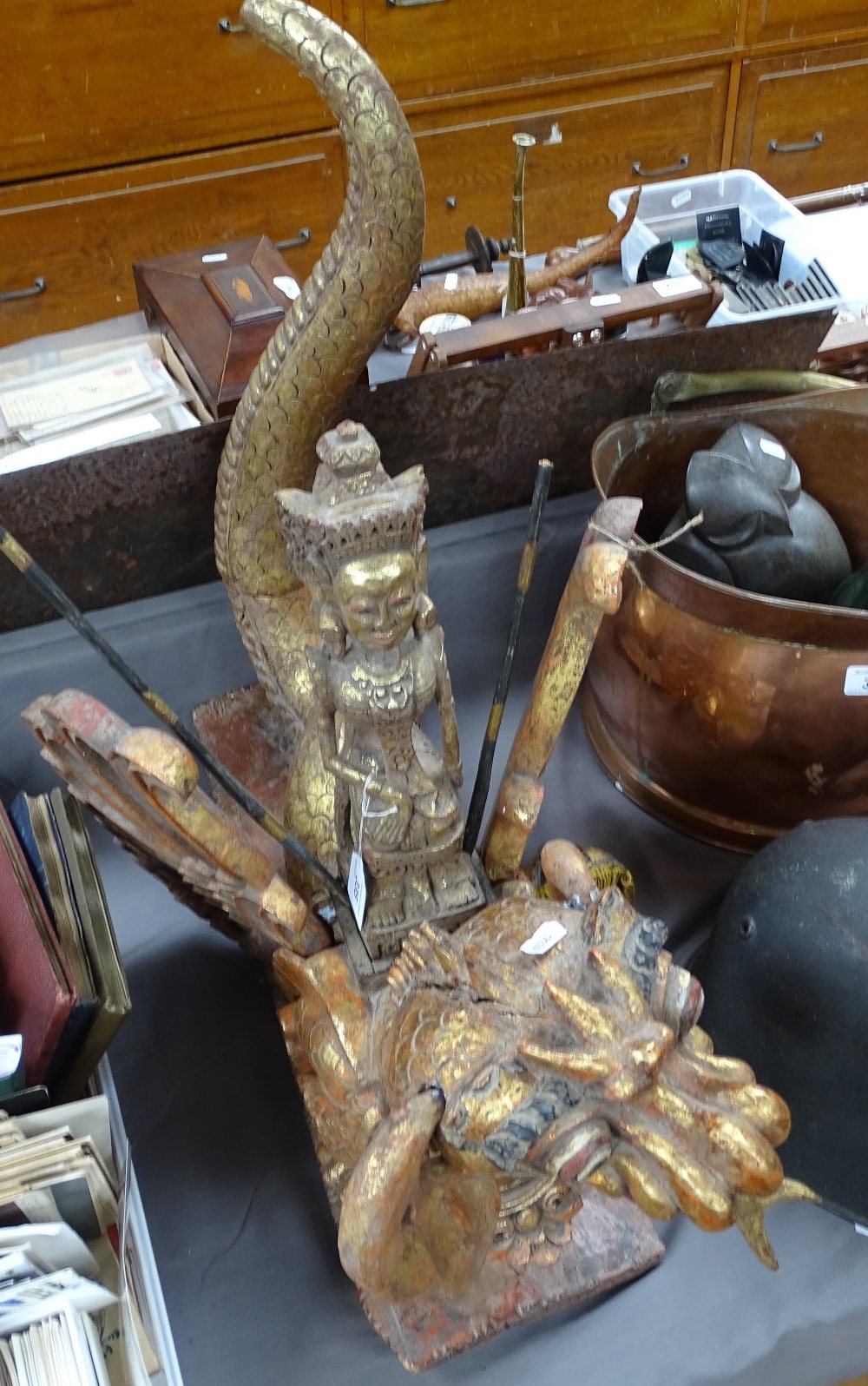 A large carved, painted and gilded wood Oriental dragon, surmounted by a figure with parasols, - Image 2 of 2