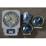 A Smiths Enfield drop dial wall clock with painted metal case, and 3 Westclox alarm clocks (4)