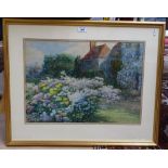 Watercolour, country garden in bloom, framed