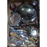 A tray containing silver plate on copper candlesticks, rollover bacon dish, plated cutlery etc