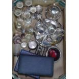 A box containing silver plated vases, cutlery, rollover dish etc