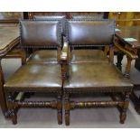A set of 8 good quality oak and studded leather upholstered dining chairs, with turned stretchers,