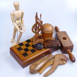 Vintage treen novelty nutcrackers, a chess set etc