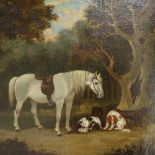 A 19th century oil on canvas, study of horse and dogs, gilt-framed