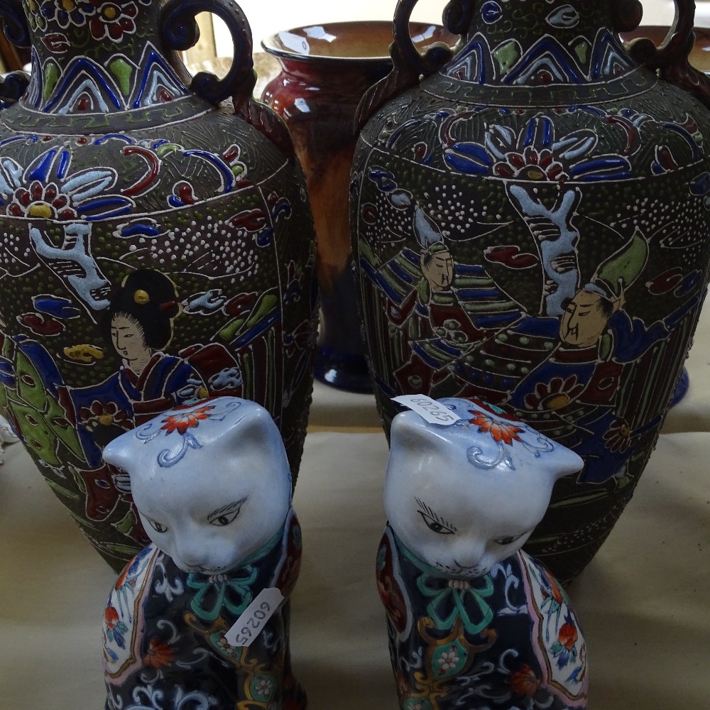 A cloisonne vase, a pair of cats, and a pair of Japanese vases, 13" - Image 2 of 2