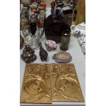 Composition panels and Buddha, cast-iron bird, bottles, and Art glass vase, height 8.5"