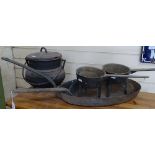 2 Bayley's cast-iron pans on 3 feet, an iron cauldron, and 2 other pans
