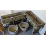 A pair of weathered concrete garden troughs on stands, W92cm