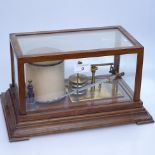 Vintage brass-mounted barograph in mahogany display case, length 15.5"