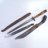 A dagger with turned-wood handle, 13.5", in wooden sheath, and 2 others
