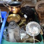 Brass candlesticks, disco ball, copper urn etc