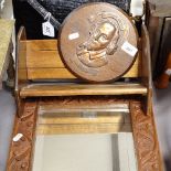 A carved wood framed mirror, height 19", a book rack, a Shakespeare plaque, and 2 carved panels