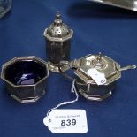 A 3-piece silver cruet set with Bristol blue glass liners