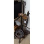 Wrought-iron pricket candlesticks, 30", brass and wrought-iron fire tools, stand etc