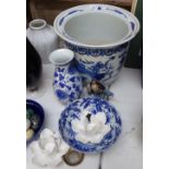 A Chinese blue and white pot, height 13", a vase, a Japanese bowl etc