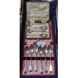 A cased set of 6 silver Fiddle pattern teaspoons, and 4 other plated teaspoons