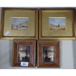 A pair of small oil on boards, Continental fishing boats, and a pair of miniature watercolours,